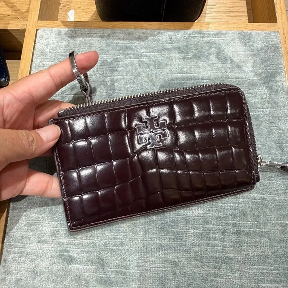 New‼️Tory Burch Britten Shiny Embossed Zip Card Case 182583 AMARANTH $170
